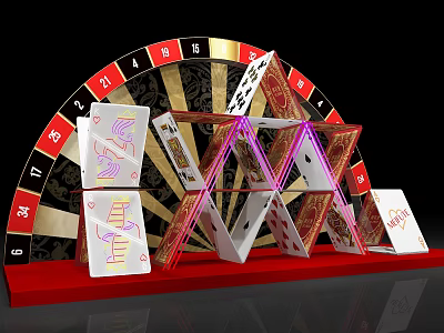 Vibrant Casino Theme Photo Spot With Red Gold Roulette Wheel And Playing Card Structure Setup 3d model