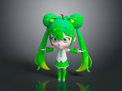 Cute Green Haired Game Character With Double Bun Ponytails And White Green Outfit 3d model