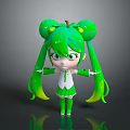 Cute Green Haired Game Character With Double Bun Ponytails And White Green Outfit