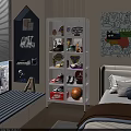 Kids Room With Display Shelf For Sneakers Basketball Toys And Cartoon Art