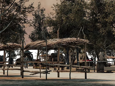 Hinged Door In Rustic Outdoor Wooden Structure With Thatched Roof And Trees 3d model