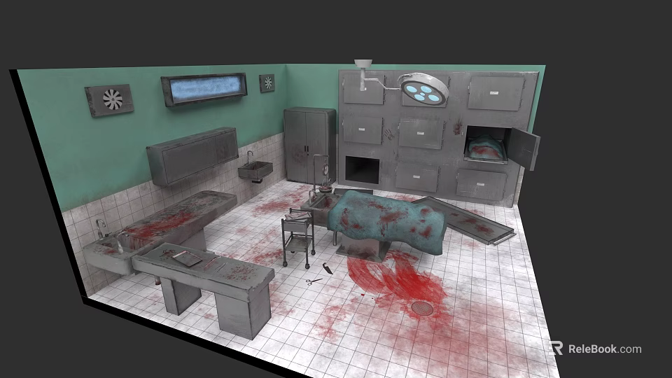 Operating Room Interior With Surgical Table Blood Stains Medical Equipment Green Walls And Cabinets 3d model 