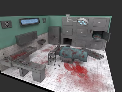 Operating Room Interior With Surgical Table Blood Stains Medical Equipment Green Walls And Cabinets 3d model