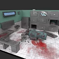 Operating Room Interior With Surgical Table Blood Stains Medical Equipment Green Walls And Cabinets