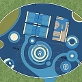 Basketball Court With Circular Design Blue Surface Surrounding Trees And Entrance Layout