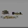 Military Weapons Storage Setup With Sandbags Tires Barbed Wire And Green Ammo Boxes