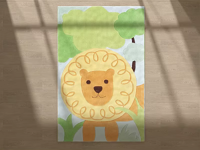 Vibrant Square Rug With Cartoon Lion Green Trees And Leaves For Kids Room 3d model