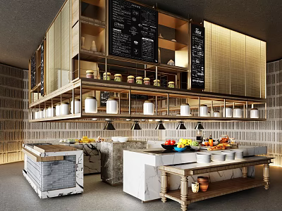 Modern Reception Desk Interior With Wooden Shelves White Containers And Fresh Fruits 3d model