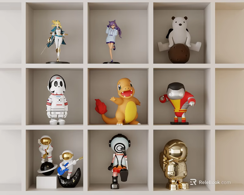 Assorted Collectible Dolls On White Shelf Featuring Various Character And Robot Figures 3d model 