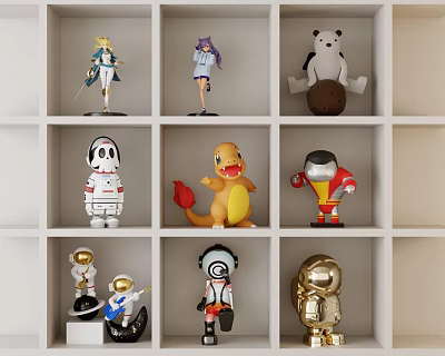 Assorted Collectible Dolls On White Shelf Featuring Various Character And Robot Figures 3d model