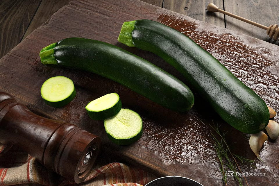 Fresh Zucchini Vegetables Whole And Sliced On Wooden Cutting Board With Pepper Grinder And Herbs 3d model 