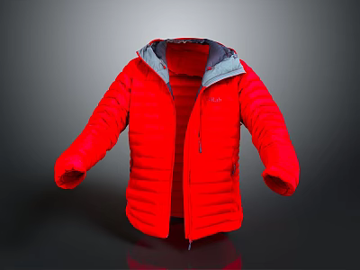 Red Puffer Jacket With Gray Hood And Front Zipper Open 3d model