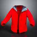 Red Puffer Jacket With Gray Hood And Front Zipper Open