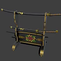Traditional Samurai Swords Placed On Decorative Black Stand With Golden Accents And Floral Patterns