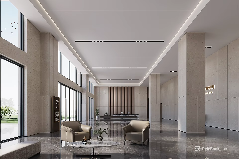 Modern Open Spacious Service Hall With Marble Floor Floor-to-Ceiling Windows Columns Sofas And Reception Desk 3d model 