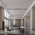 Modern Open Spacious Service Hall With Marble Floor Floor-to-Ceiling Windows Columns Sofas And Reception Desk 3d model