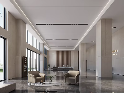 Modern Open Spacious Service Hall With Marble Floor Floor-to-Ceiling Windows Columns Sofas And Reception Desk 3d model