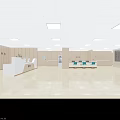 Modern Service Hall Interior With Reception Desk Blue Chairs Wooden Walls And Ceiling Lights