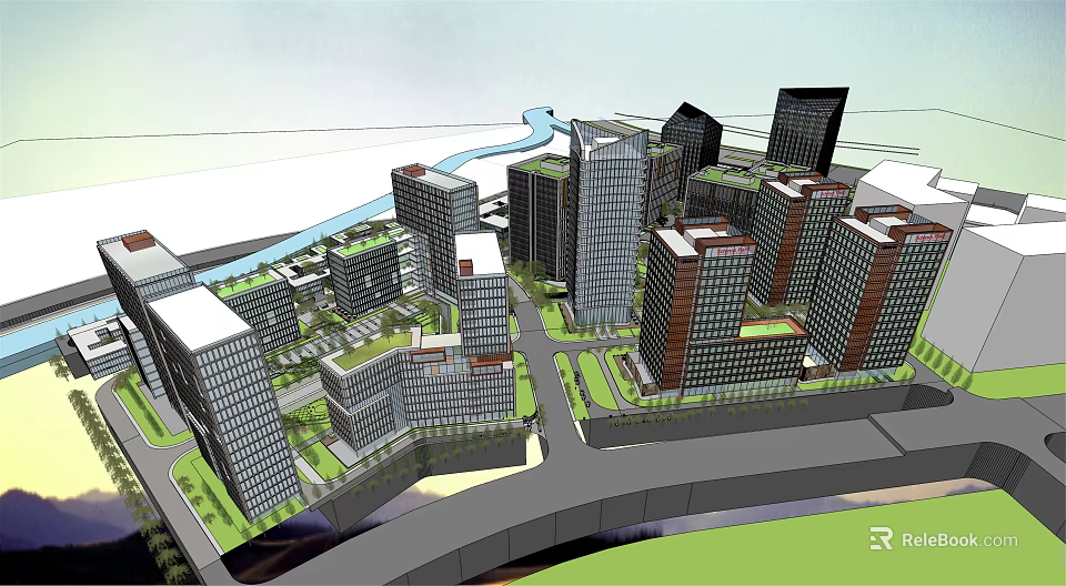 Modern High Rise Office Buildings In Urban Complex With River And Road Network 3d model