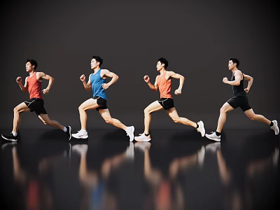 Active Men Running in Sportswear on Reflective Floor with Dark Background 3d model