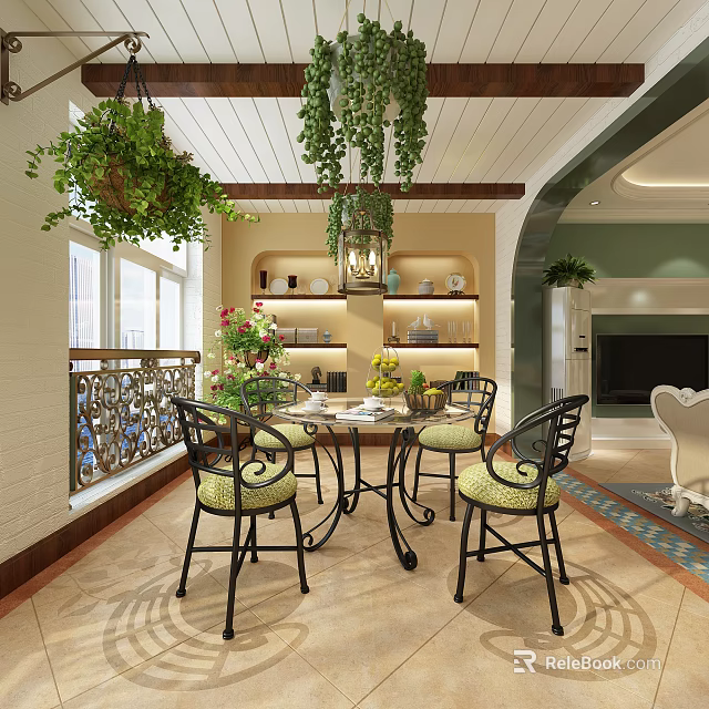 Luxurious Villa Balcony With Outdoor Dining Set Hanging Plants And Decorative Lighting 3d model 