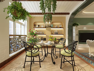 Luxurious Villa Balcony With Outdoor Dining Set Hanging Plants And Decorative Lighting 3d model