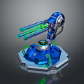 Game Movie Character Blue Mechanical Device With Green Laser And Hexagonal Base