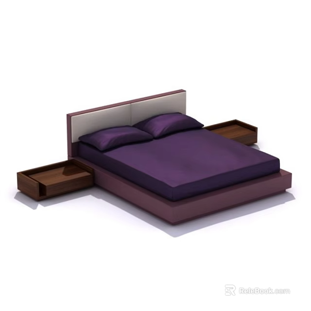 Modern Double Bed with Purple Mattress Light Dark Headboard and Wooden Nightstands 3d model 