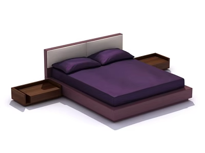 Modern Double Bed with Purple Mattress Light Dark Headboard and Wooden Nightstands 3d model