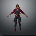 3D Female Character With Red Hair Red Jacket Blue Pants Red Boots And Gray Background