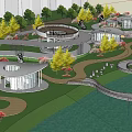 Scenic Waterfront Landscape With Curved Pathway Green Lawn Stone Benches And Trees