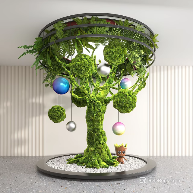 Indoor Landscape Featuring Moss Covered Tree With Hanging Colorful Spheres Small Statue And White Pebbles 3d model 