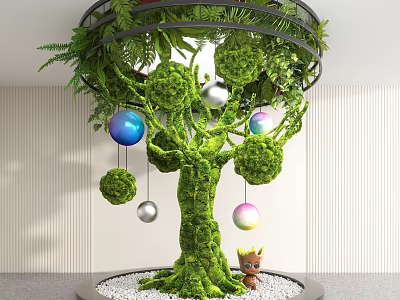Indoor Landscape Featuring Moss Covered Tree With Hanging Colorful Spheres Small Statue And White Pebbles 3d model