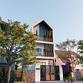 Modern Detached Villa Exterior Design With Balcony Trees Purple Flowers Stone Wall Gate
