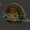 Decorative Wooden Water Wheel Garden Ornament With Metal Base And Blue Accents