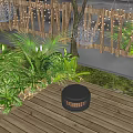 Decorative Outdoor Lights Hanging Over Wooden Deck With Green Plants and Palm Leaves
