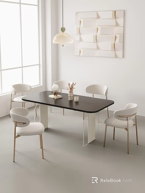 Modern Minimalist Black Dining Table Set With White Gold Leg Chairs And Vase Decor 3d model 