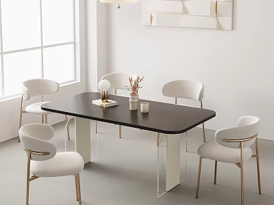 Modern Minimalist Black Dining Table Set With White Gold Leg Chairs And Vase Decor 3d model