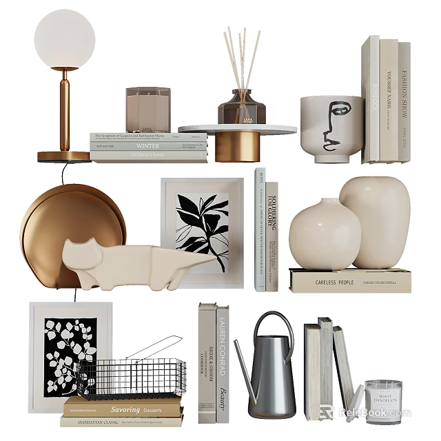 Modern Ornamental Decor Set With Ceramic Vases Scented Candles Picture Frames Books And Sculptures 3d model 