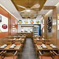 Traditional Chinese Restaurant Interior With Wooden Tables Chairs Open Kitchen And Menu Displays