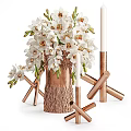 Elegant Decorative Ornament Set With White Flowers Copper Vase White Candles And Copper Candle Holders