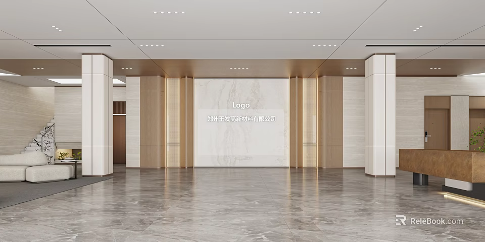 Modern Front Desk Reception Area With Marble Surface Wooden Panels And Logo 3d model 