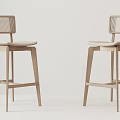 Two Minimalist Wooden Bar Stools With Rattan Backrest And Beige Seat