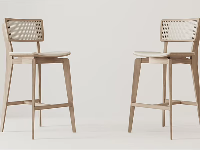Two Minimalist Wooden Bar Stools With Rattan Backrest And Beige Seat 3d model