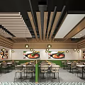 Modern Restaurant Interior Design With Wooden Ceiling Pendant Lights Wall Art And Dining Chairs