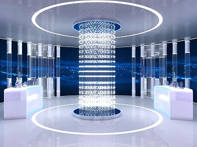Innovative Art Installation With Transparent Chain Column White Surrounding Pillars And Circular Glowing Light Strips 3d model