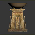 Carved Stone Stool With Square Base Intricate Patterns And Brass Bowl On Top