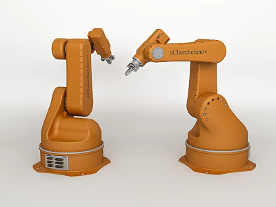 Two Intelligent Orange Robotic Arms By Echartecnov With Mechanical End Effectors 3d model