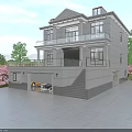 Two Story Detached Villa With Balcony Garage Front Staircase Pink Flowering Trees And Mountain View
