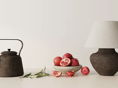 Ornamental Decor Set With Black Teapot Pomegranate Bowl Olive Branches And Ceramic Lamp 3d model